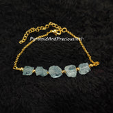 Natural Raw Aquamarine Gold Electroplated Bracelet, March Birthstone